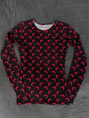 Marine Serre Black Long Sleeve Tee with Red Crescent Print
